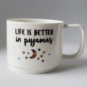 Indigo Life Is Better In Pyjamas Coffee Tea Cup Mug White Gold Stars and Moon